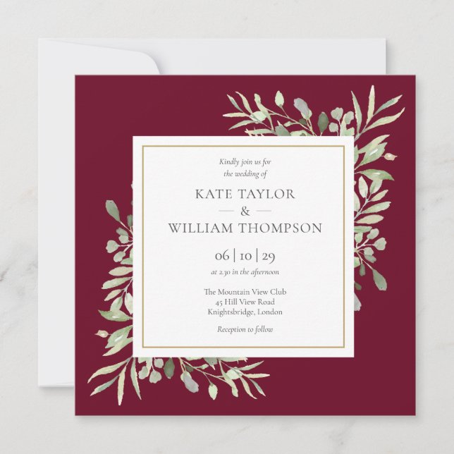 Greenery Botanical Burgundy Wedding Square Invitation (Front)