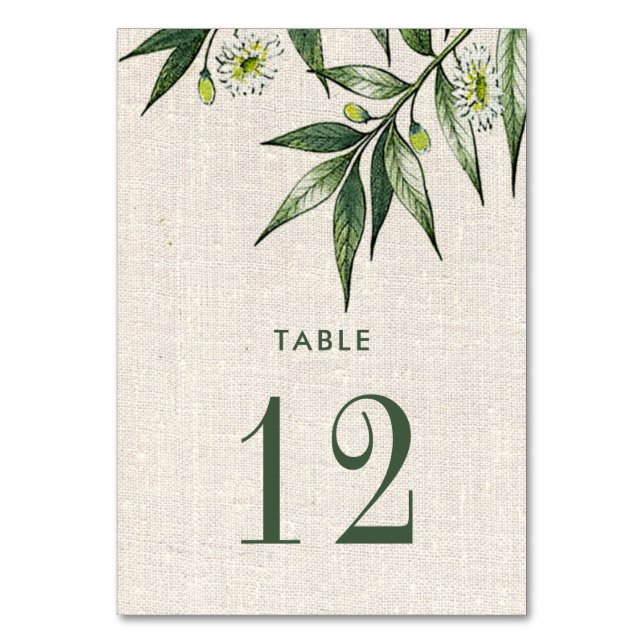 Greenery Botanical Burlap Texture Wedding  Table Number (Front)