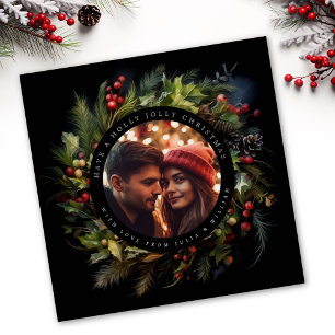Greenery Botanical christmas photo black square Holiday Card