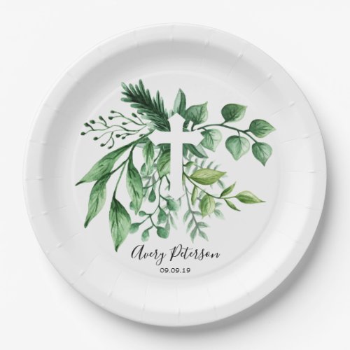 Greenery Botanical Cross First Holy Communion Paper Plates