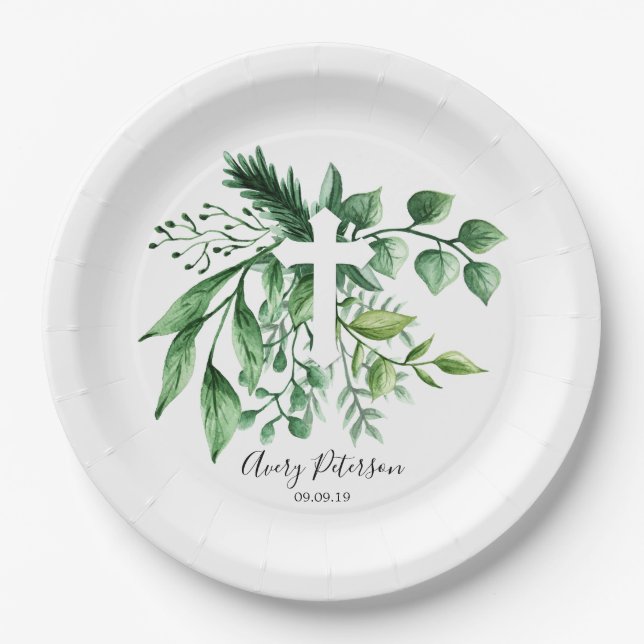 Greenery Botanical Cross First Holy Communion Paper Plates (Front)