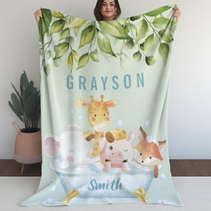 Greenery Botanical Cute Baby Animals in a Tub Fleece Blanket