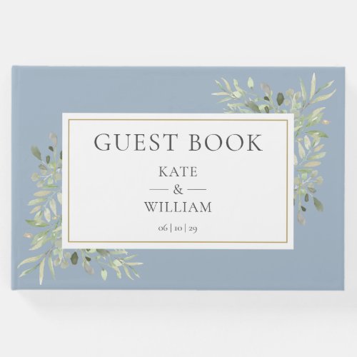 Greenery Botanical Elegant Dusty Blue Wedding Guest Book