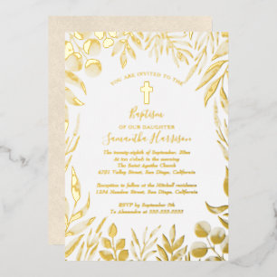 Greenery Botanical Elegant Gender Neutral Baptism Foil Invitation