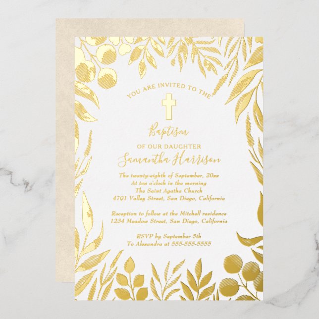 Greenery Botanical Elegant Gender Neutral Baptism Foil Invitation (Front/Back)