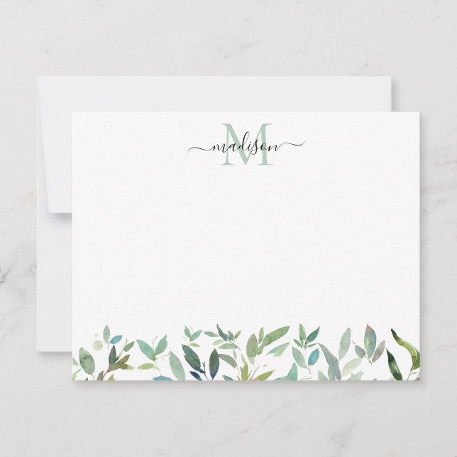 Greenery Botanical Eucalyptus Foliage Monogram Note Card (Front)