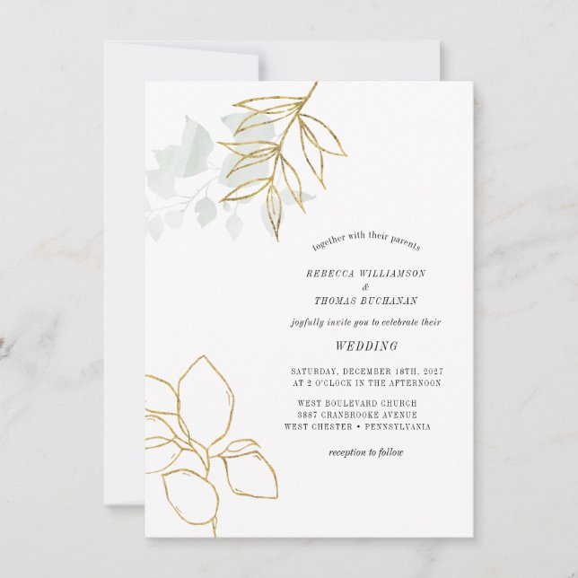 Greenery Botanical Faux Gold Leaf Wedding Invitation (Front)