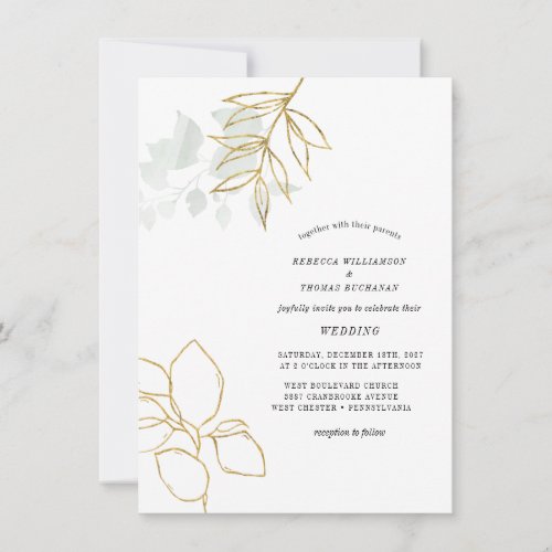 Greenery Botanical Faux Gold Leaf Wedding Invitation