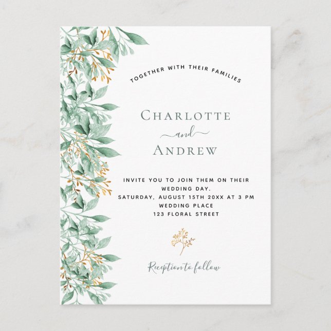 Greenery botanical floral gold wedding postcard (Front)