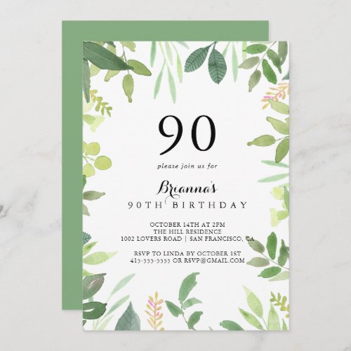 Greenery Botanical Foliage 90th Birthday Party Invitation