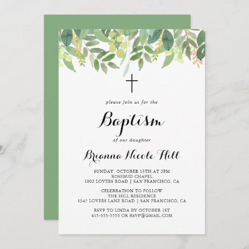 Greenery Botanical Foliage Calligraphy Baptism Invitation