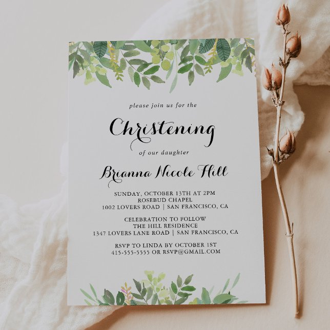 Greenery Botanical Foliage Calligraphy Christening Invitation (Creator Uploaded)