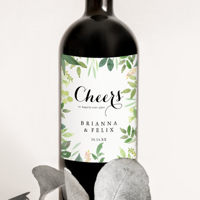 Greenery Botanical Foliage Cheers Wedding Wine Label (Creator Uploaded)