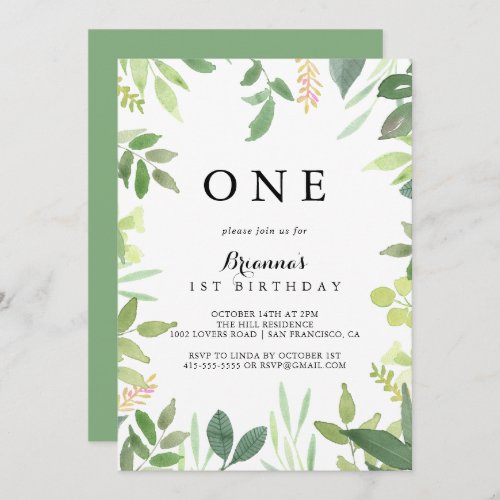 Greenery Botanical Foliage First Birthday Party Invitation