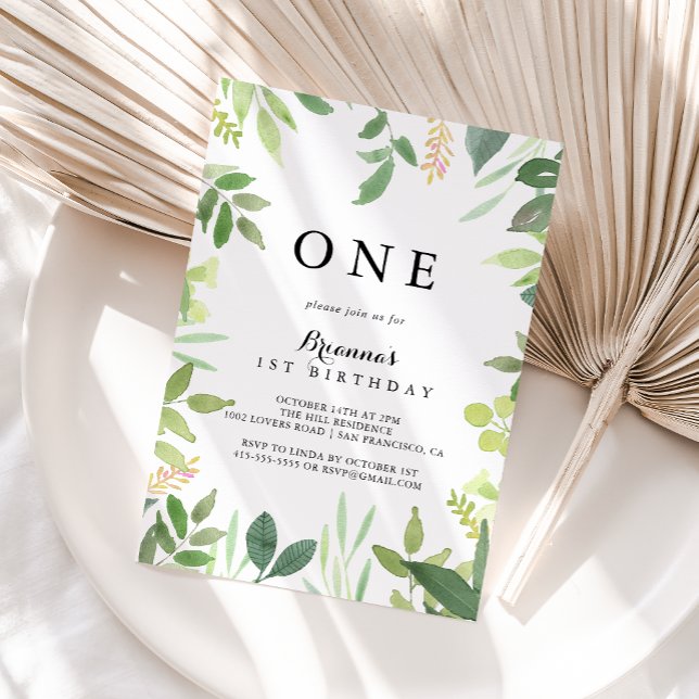 Greenery Botanical Foliage First Birthday Party Invitation (Creator Uploaded)