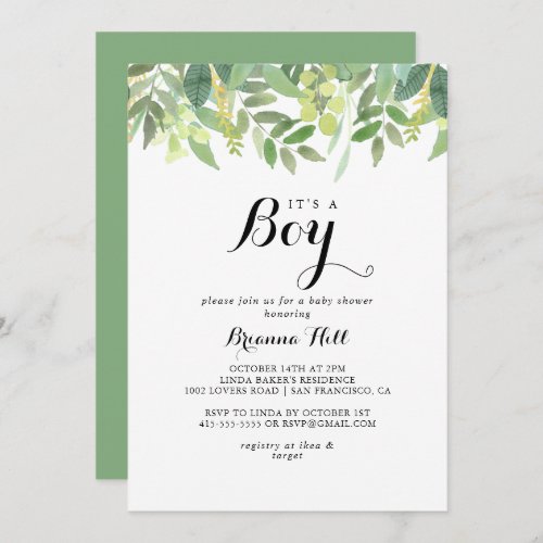 Greenery Botanical Foliage Its A Boy Baby Shower Invitation