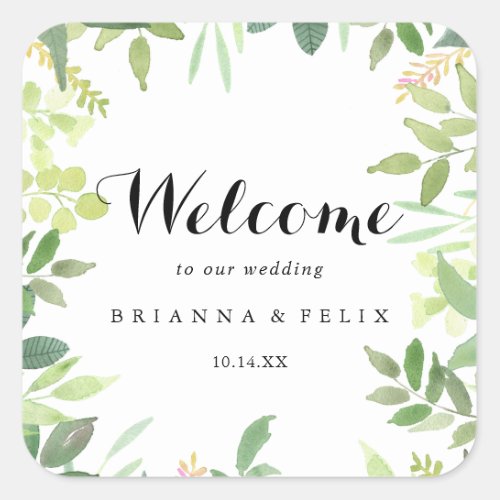 Greenery Botanical Foliage Wedding Welcome Square Sticker