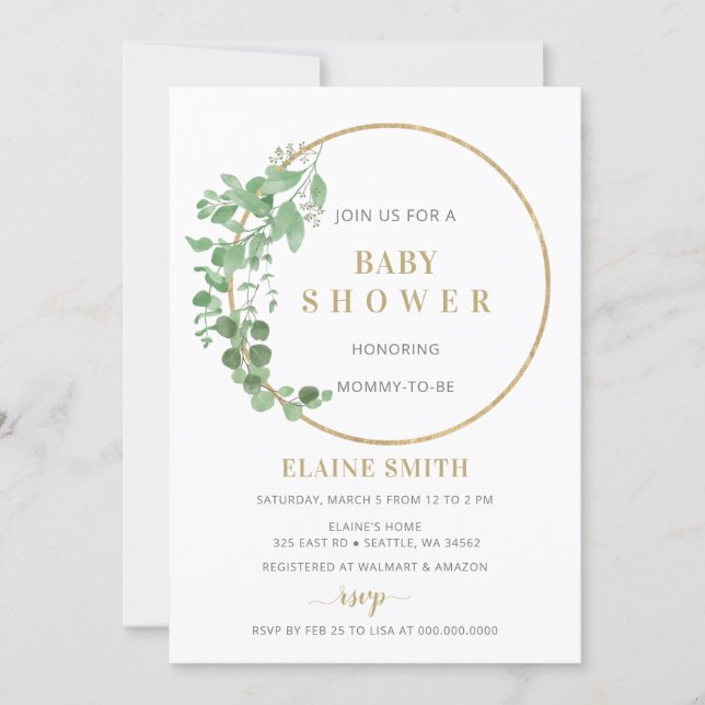 Greenery Botanical Gold Gender Neutral Baby Shower Invitation (Front)