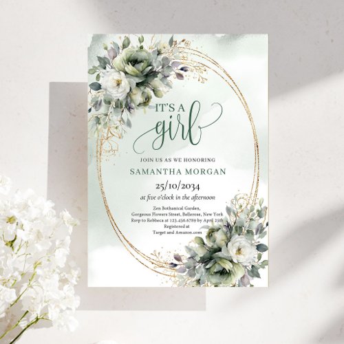 Greenery Botanical Gold Style It’s A Girl Invitati Invitation