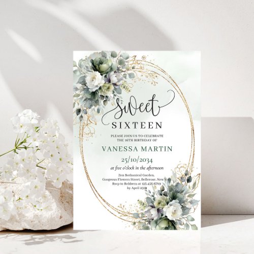 Greenery Botanical Gold Sweet 16 Birthday Invitati Invitation