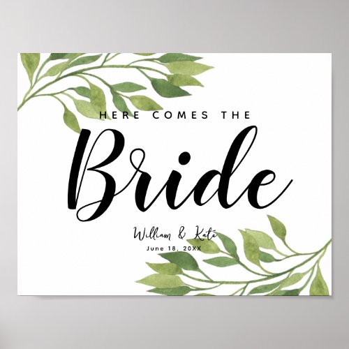 greenery botanical here comes the bride poster