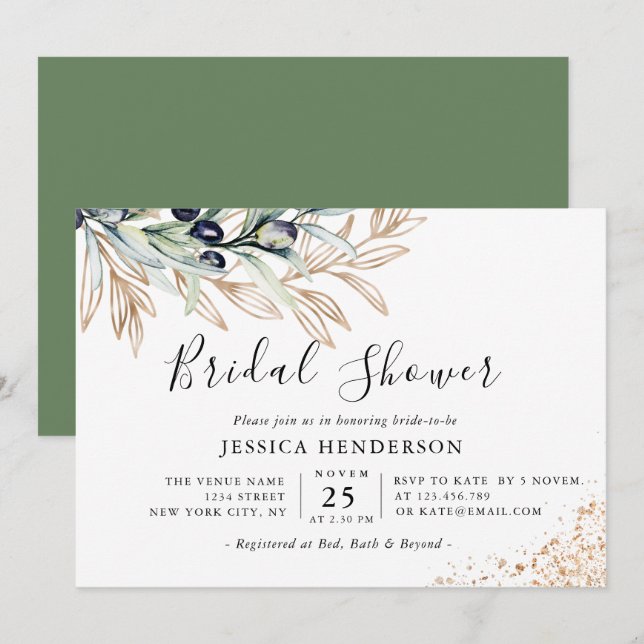 Greenery Botanical Olive, Gold Bridal Shower Invitation (Front/Back)