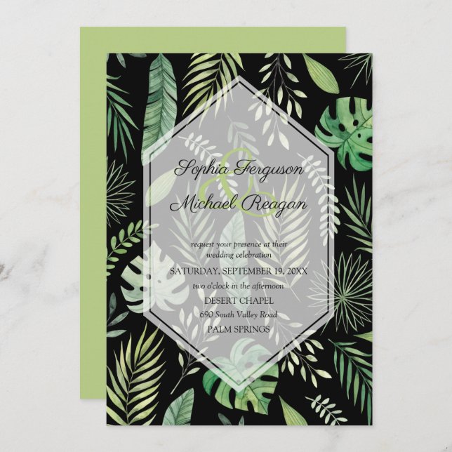 Greenery Botanical on Black Wedding Invitations (Front/Back)