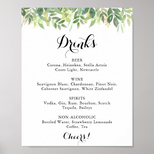 Greenery Botanical Wedding Drinks Menu Sign