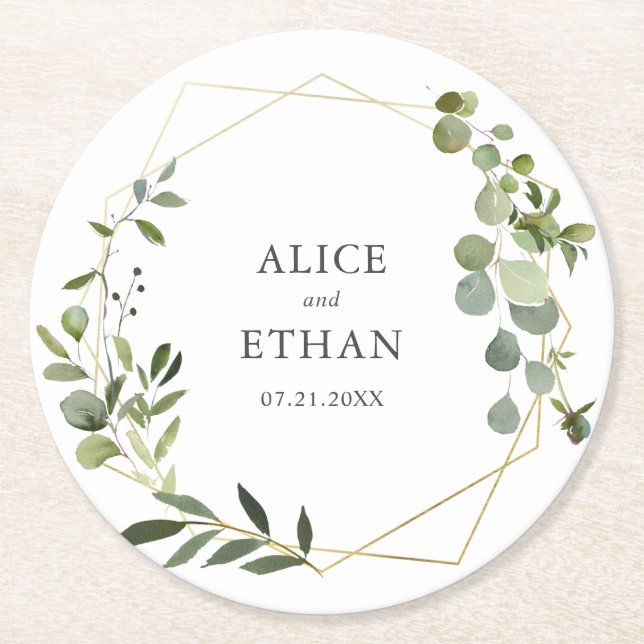 Greenery Botanical Wedding Round Paper Round Paper Coaster (Front)