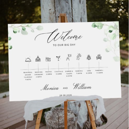 Greenery Botanical Wedding Timeline Welcome Sign