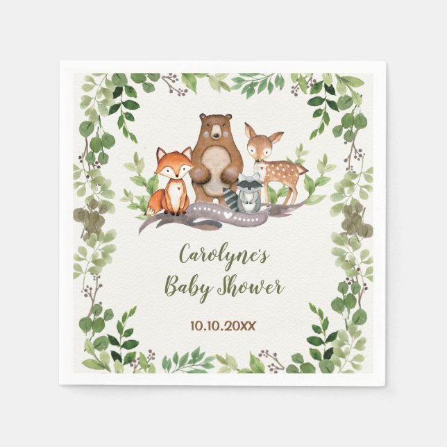 Greenery Botanical Woodland Animals Baby Shower Napkins (Front)