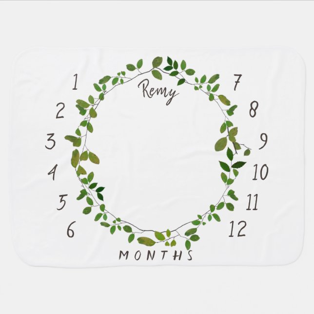 Greenery Botanical Wreath Center Baby Milestone Baby Blanket (Horizontal)
