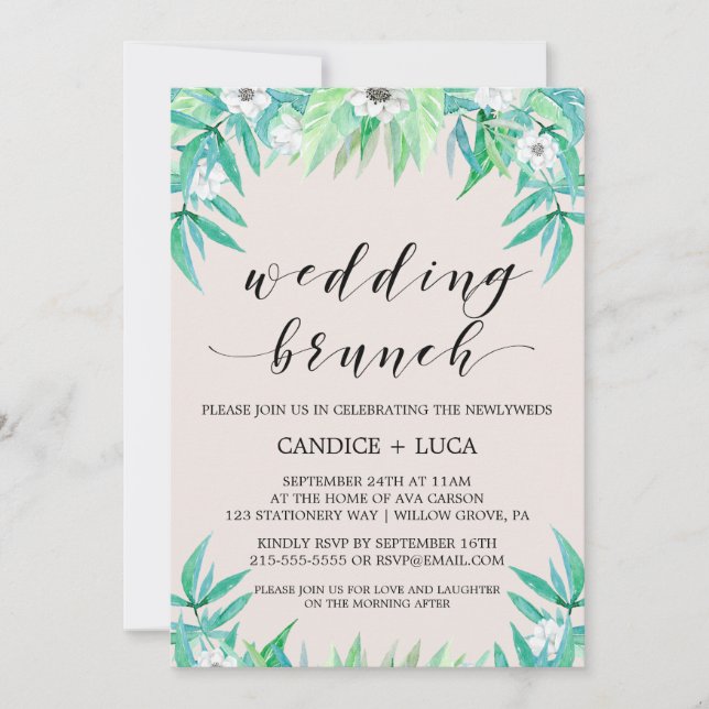 Greenery Botanical Wreath & Flowers Wedding Brunch Invitation (Front)