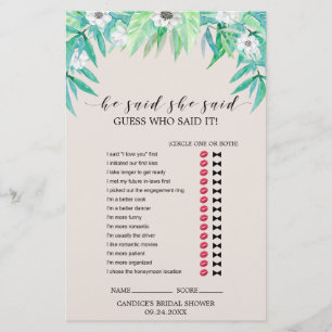 Greenery Botanical Wreath "He Said She Said" Game Flyer