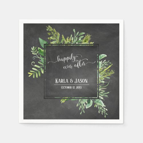 Greenery Bouquet Happily Ever After Chalkboard Napkins