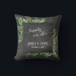 Greenery Bouquet Happily Ever After Chalkboard Throw Pillow<br><div class="desc">Over a textured chalkboard background, I've added a messy artistic bouquet of watercolor greenery sprays. The center was covered in a bordered chalkboard square that makes a perfect frame for the happy couple's personal details. The template placeholders were set up for names and date, which can be changed as you...</div>