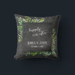 Greenery Bouquet Happily Ever After Chalkboard Throw Pillow<br><div class="desc">Over a textured chalkboard background, I've added a messy artistic bouquet of watercolor greenery sprays. The center was covered in a bordered chalkboard square that makes a perfect frame for the happy couple's personal details. The template placeholders were set up for names and date, which can be changed as you...</div>