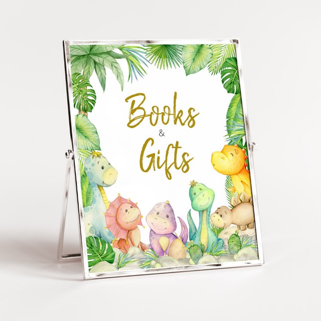 Greenery Boy Dinosaur Baby Shower Books and Gifts Poster (Rawr! It's a Boy Dino Baby Shower Books and Gifts Sign)