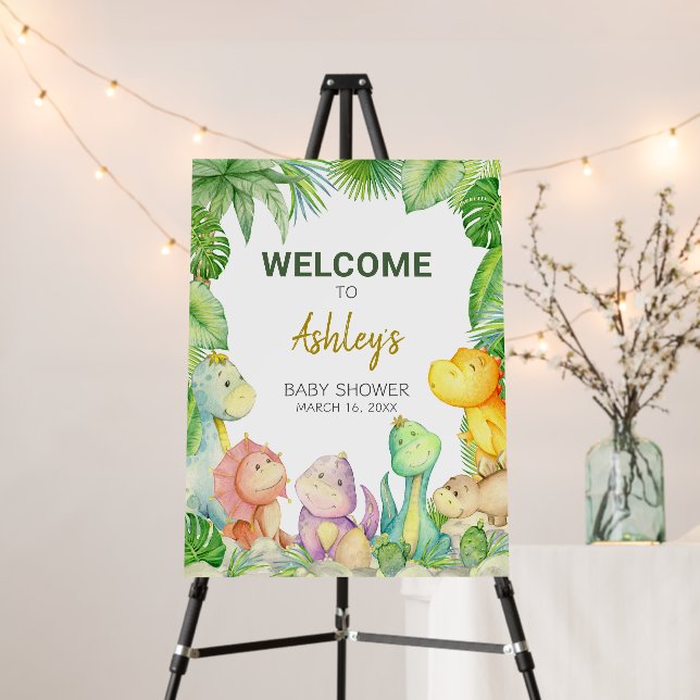 Greenery Boy Dinosaur Baby Shower Welcome Sign (In Situ (Stand))