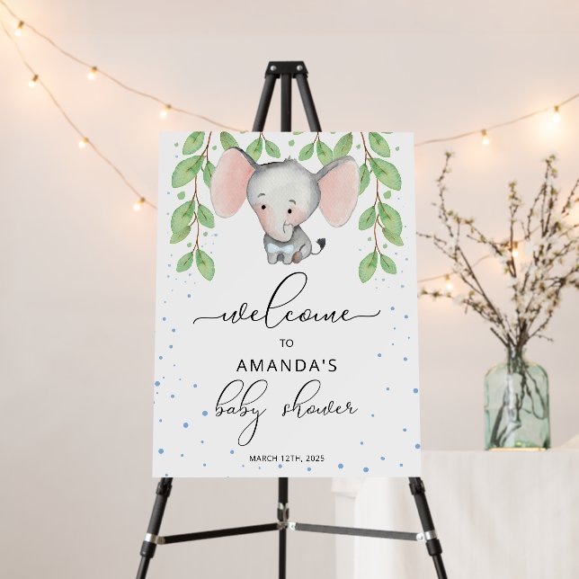 Greenery Boy Elephant Baby Shower Welcome Sign (In Situ (Stand))