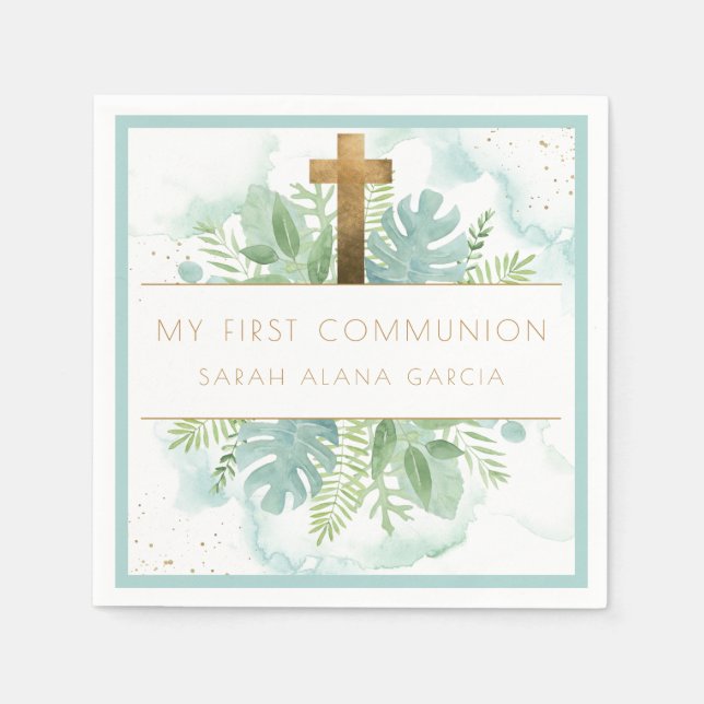 Greenery Boy/Girl First Communion Blue Mint Napkins (Front)