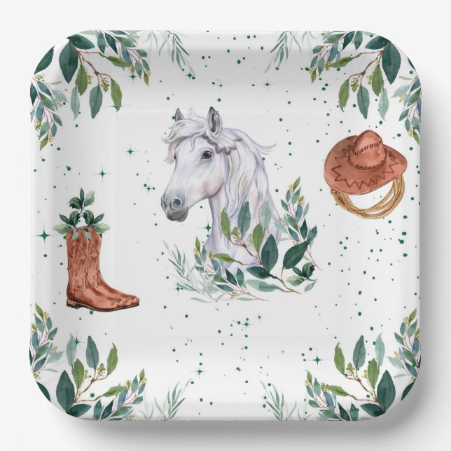Greenery Boy Horse Birthday Party Paper Plates (Front)