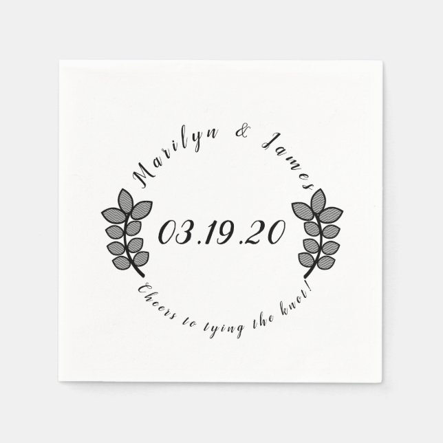 Greenery Branch Black White Wedding Logo Napkins (Front)