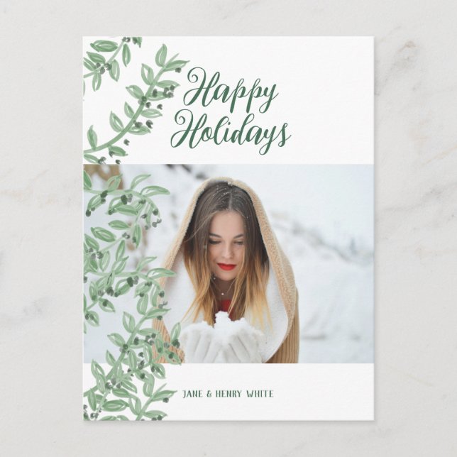 Greenery Branch Script Letters Personalized Photo Holiday Postcard (Front)