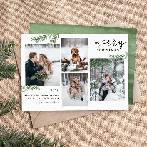 Greenery Branches 4 Photo Collage Holiday Card