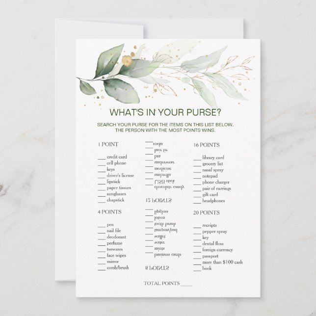 Greenery Bridal Purse game/Wedding Scramble Invitation (Front)