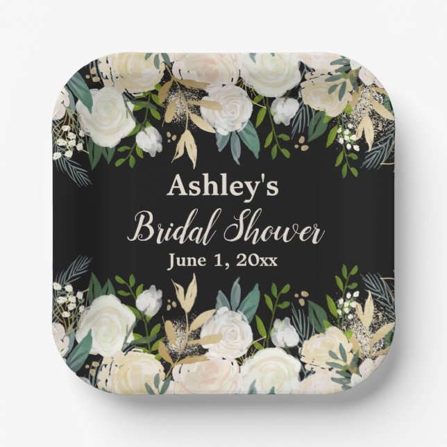 Greenery Bridal Shower Black Gold Engagement Party Paper Plates (Front)