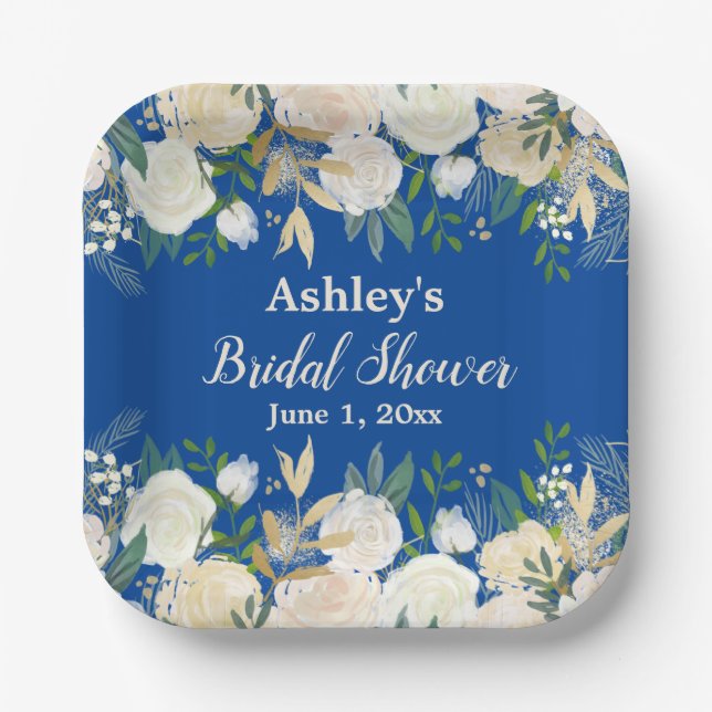 Greenery Bridal Shower Blue Gold Engagement Party Paper Plates (Front)