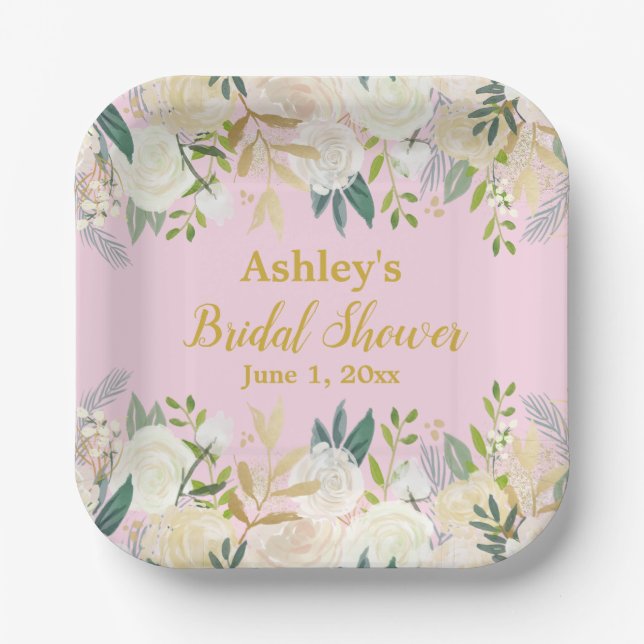 Greenery Bridal Shower Blush Gold Engagement Party Paper Plates (Front)