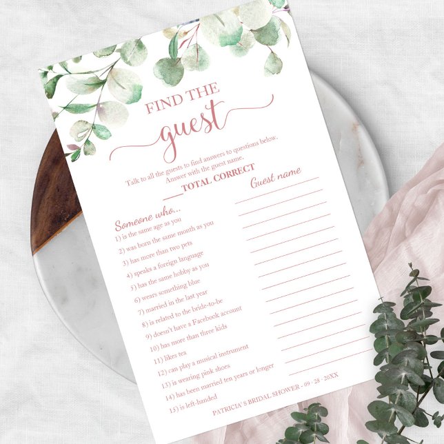 Greenery Bridal Shower Find The Guest Game Flyer (Creator Uploaded)